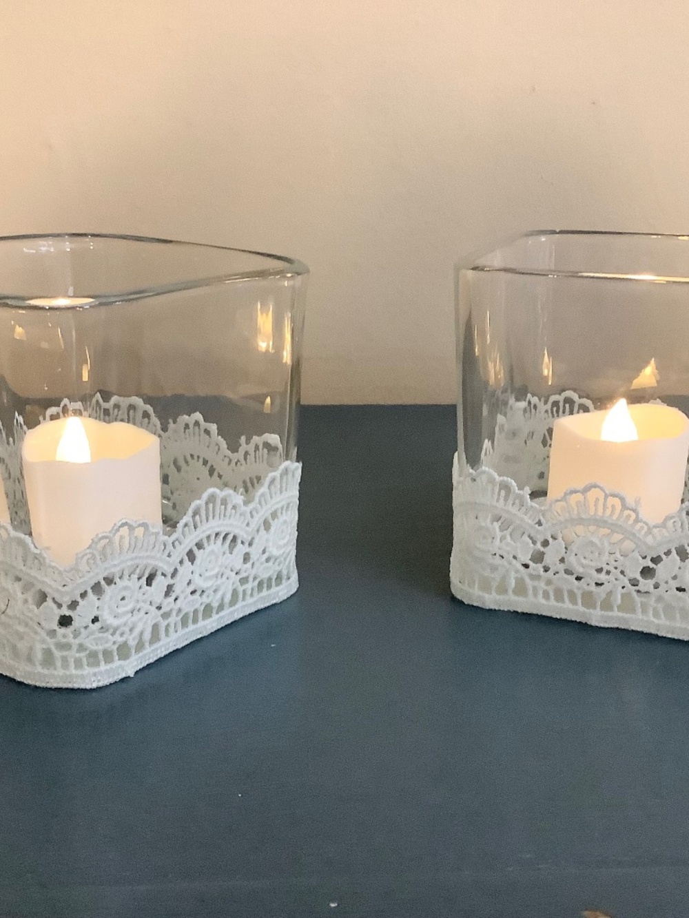 Floral Venice lace square glass votive candleholders..set of 2